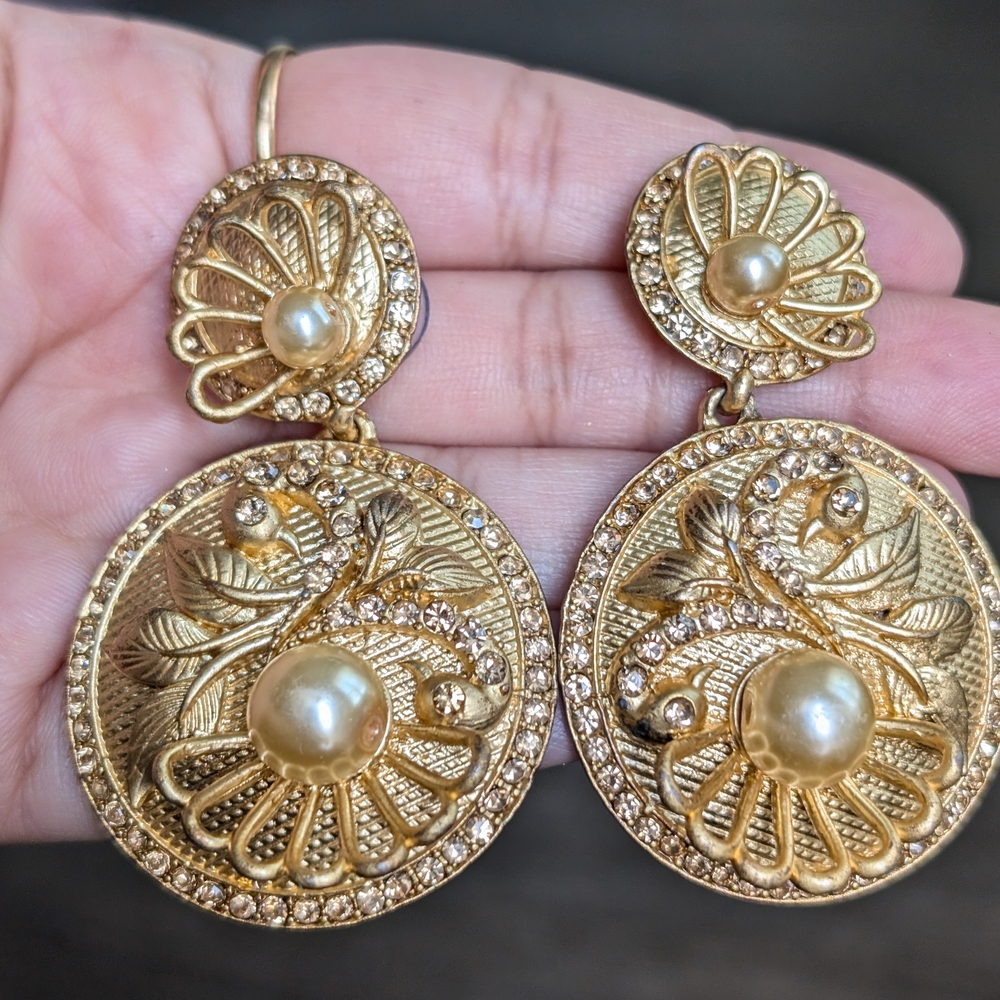 Ornate Gold Earrings with Intricate Design and Pearls